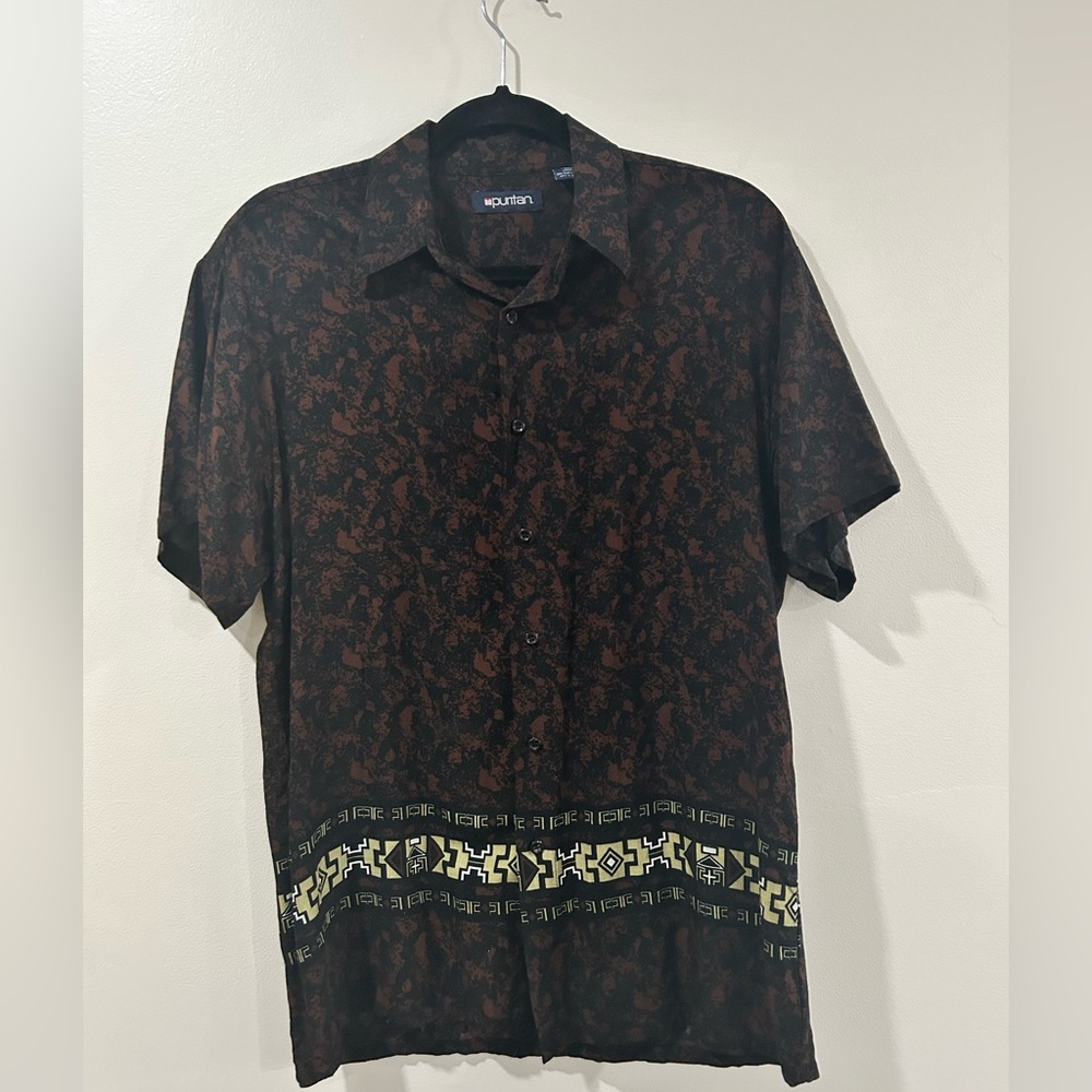 PURITAN Men's Hawaiian Shirt Size S 100% Rayon  Black Front‎ Pocket